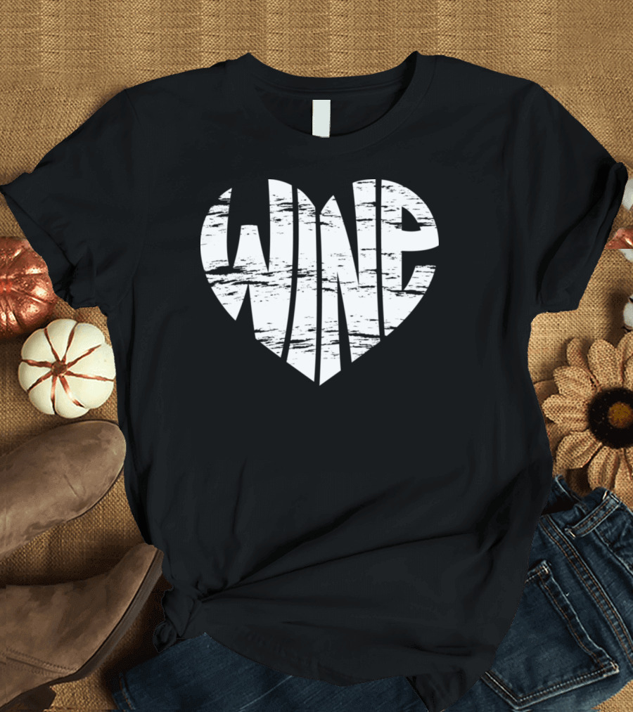 Vintage Wine Heart Distressed Text Graphic in Red T-Shirt