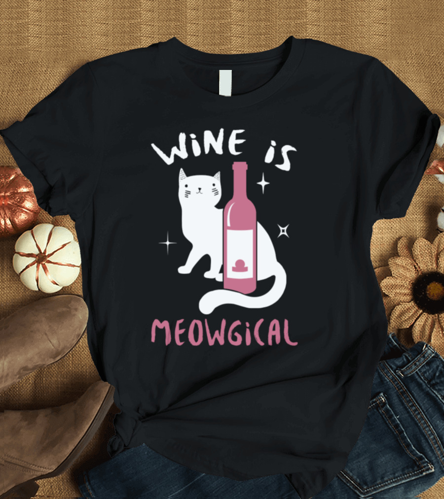 Wine Is Meowgical Cat with Wine Bottle and Stars T-Shirt