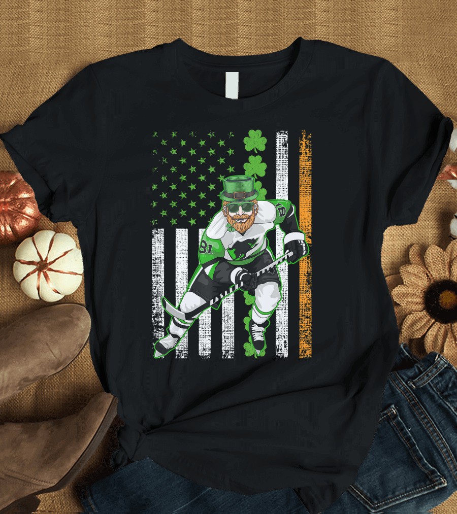 Irish American Flag Lucky Hockey Player with Shamrock and Beard T-Shirt