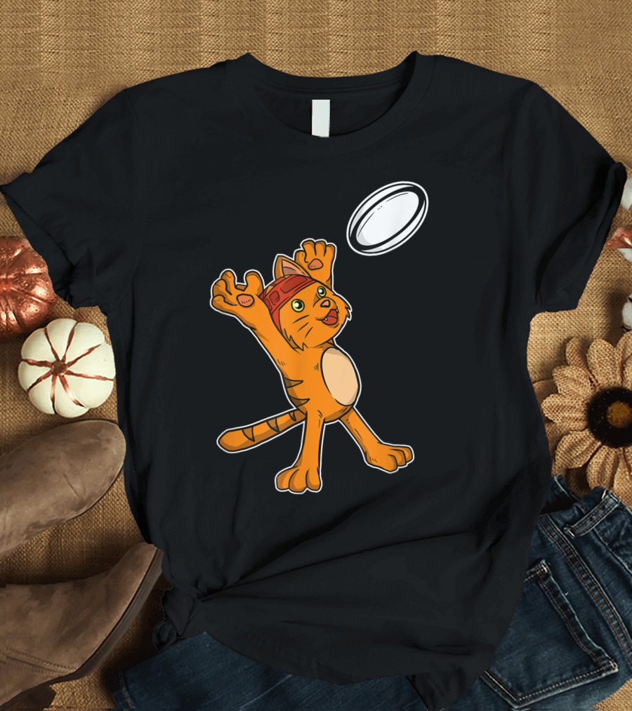 Funny Rugby Player Cat Catching Rugby Ball with Helmet T-Shirt