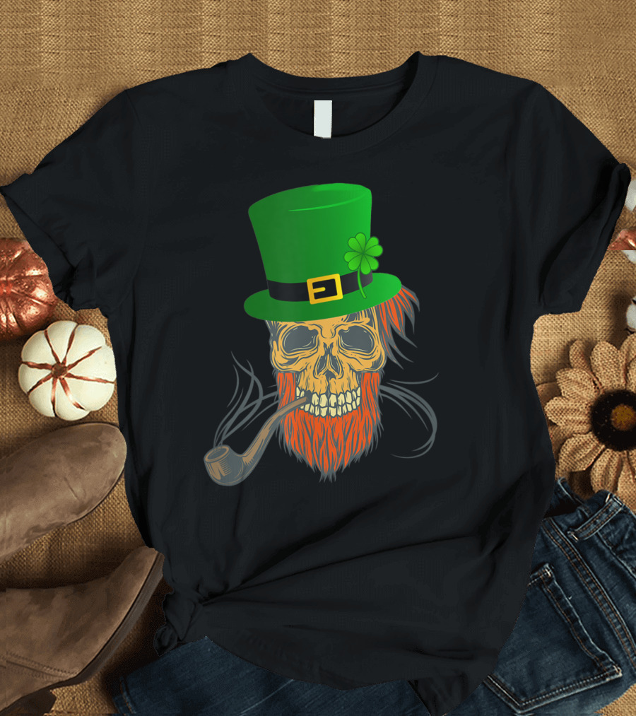 Saint Patrick's Day Skull with Pipe and Green Top Hat T-Shirt