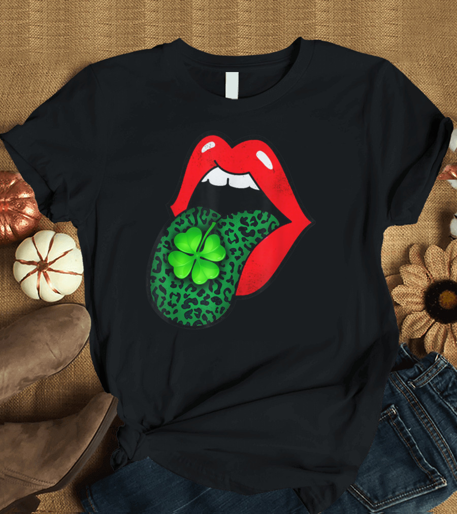 Red Lips Green Leopard Tongue Clover Cheetah Cool T-Shirt