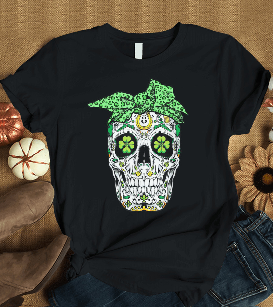Sugar Skull Shamrock with Green Leopard Print Turban T-Shirt