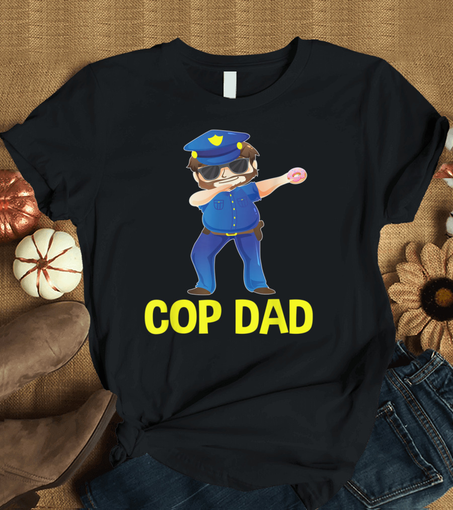 Cop Dad Police Cartoon Dabbing with Donut T-Shirt