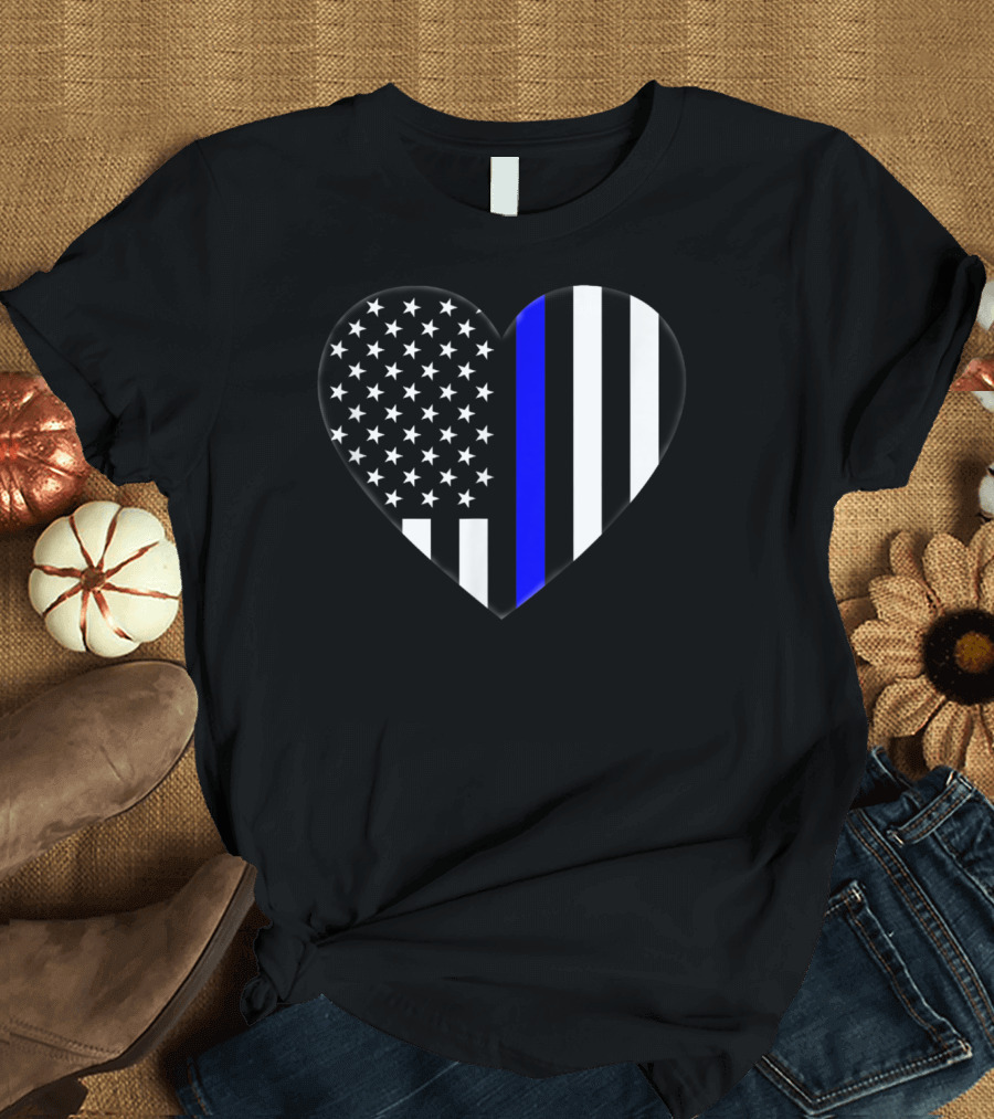 Love Our Police Officer Heart Thin Blue Line US Flag T-Shirt