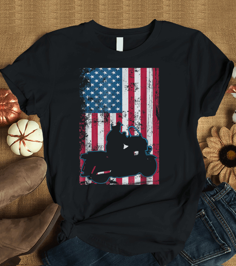 Patriotic Flag with Motorcycle Police Silhouette and Thin Blue Line T-Shirt