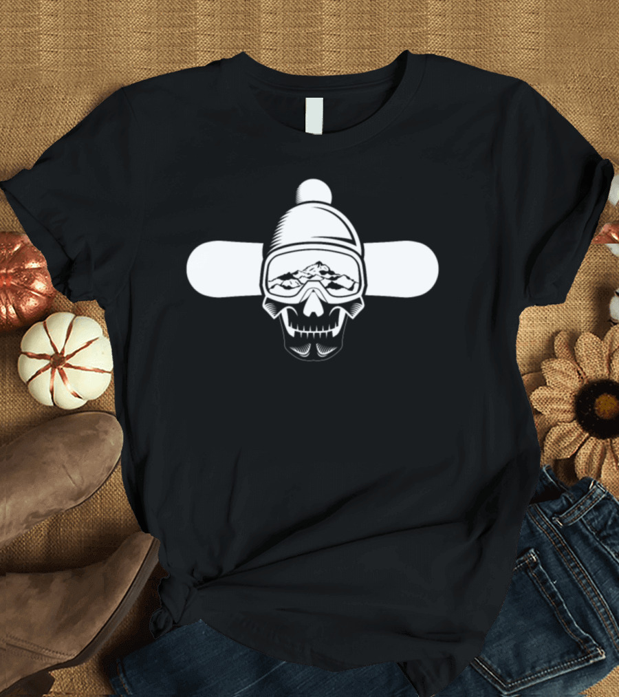 Snowboarder Skull with Goggles and Snowboard Crossed Behind T-Shirt