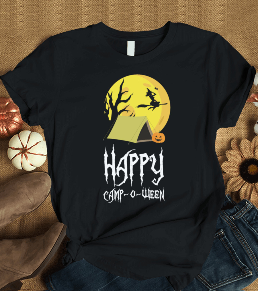 Happy Campoween Funny Halloween Camping Witch Full Moon Tent Pumpkin T-Shirt