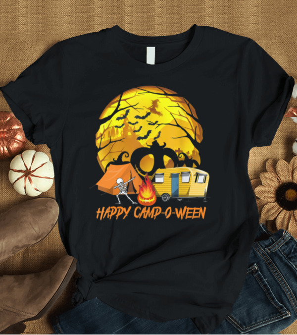 T-Shirt: Happy Camp-O-Ween Pumpkin Camping Skeleton Bonfire Under Witch Moon T-Shirt Happy Camp-O-Ween Pumpkin Camping Skeleton Bonfire Under Witch Moon T-Shirt