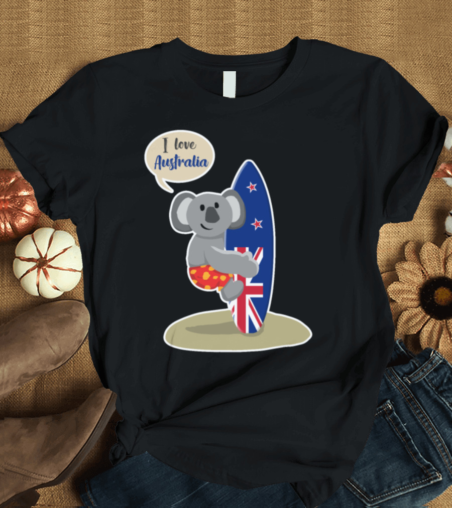I Love Australia Koala Bear with Surfboard and Flag T-Shirt