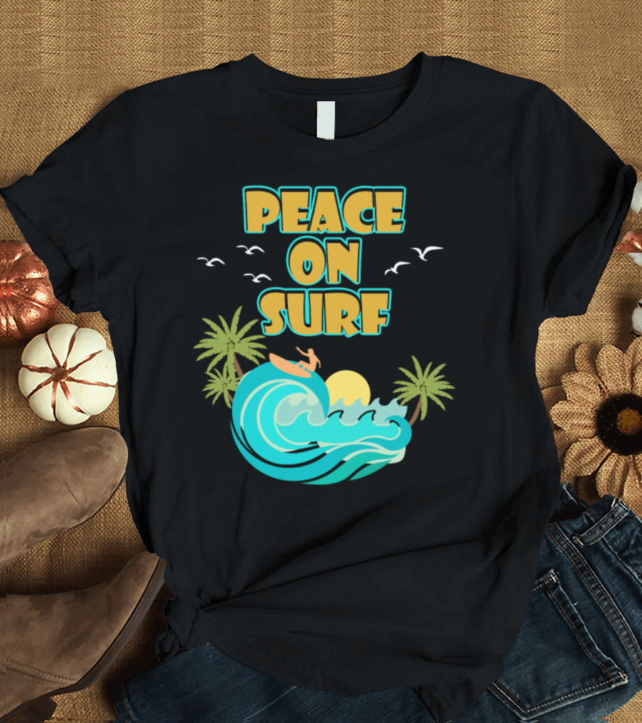 Peace on Surf Wave Palm Trees and Sun Surfing T-Shirt