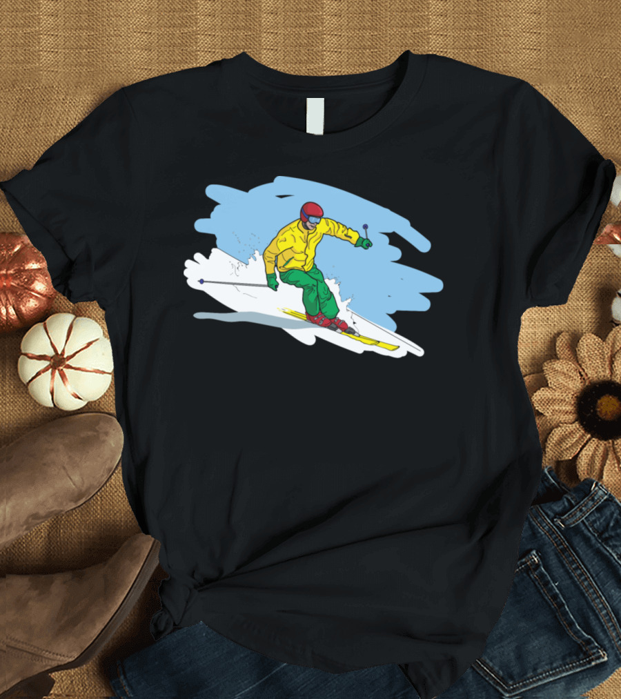Downhill Skiing Adventure with Colorful Skier in Action T-Shirt