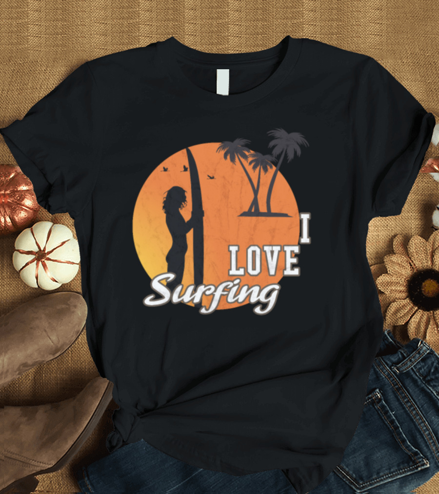 I Love Surfing Sunset Silhouette with Palm Trees and Birds T-Shirt