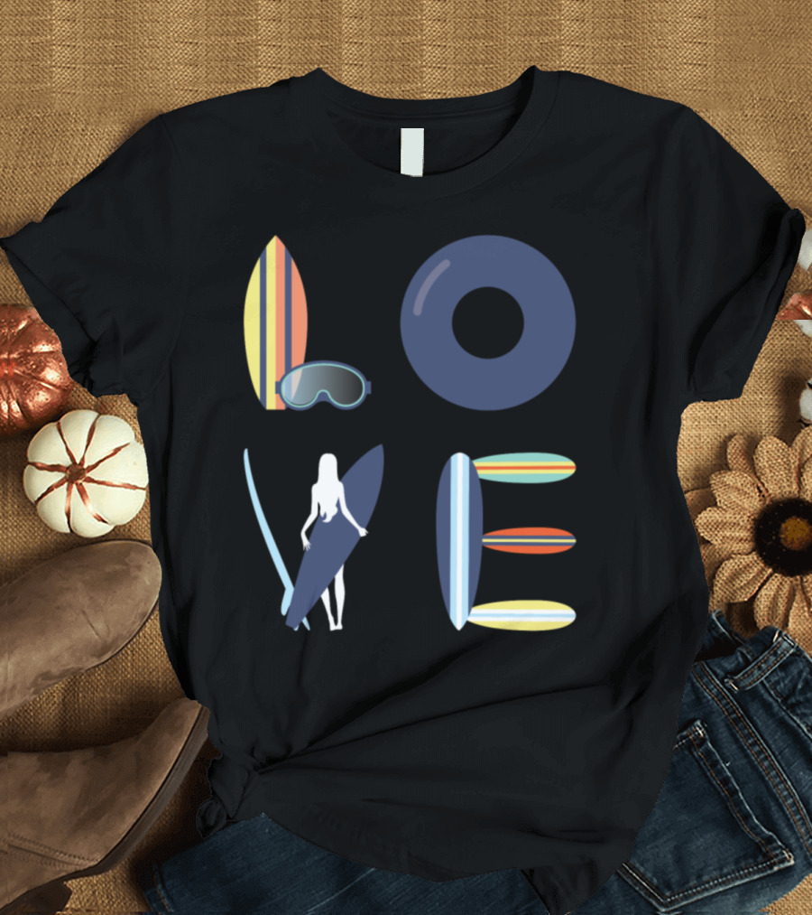 Love Surfing Striped Boards Goggles Surfer T-Shirt