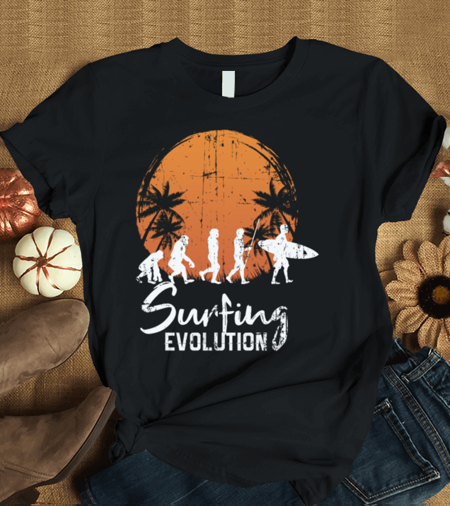 Surfing Evolution Palm Trees Sunset Surfboard Journey T-Shirt