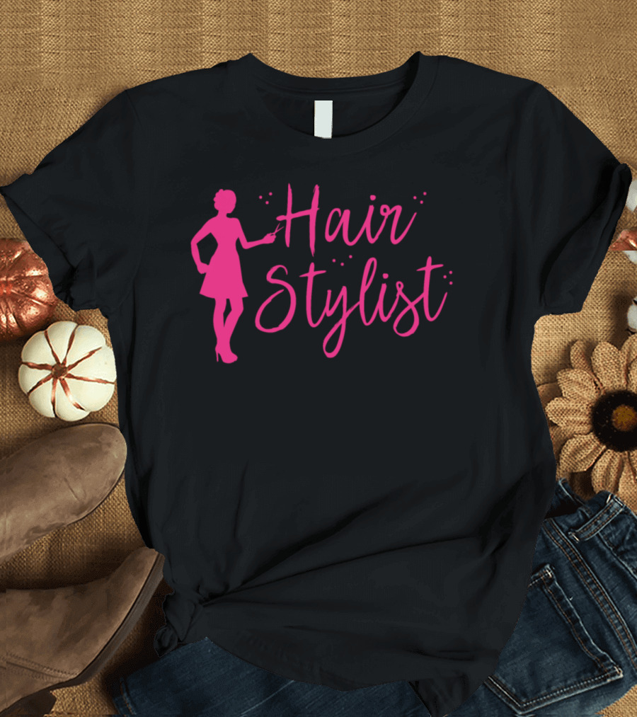 Hair Stylist Woman in Pink with Scissors T-Shirt