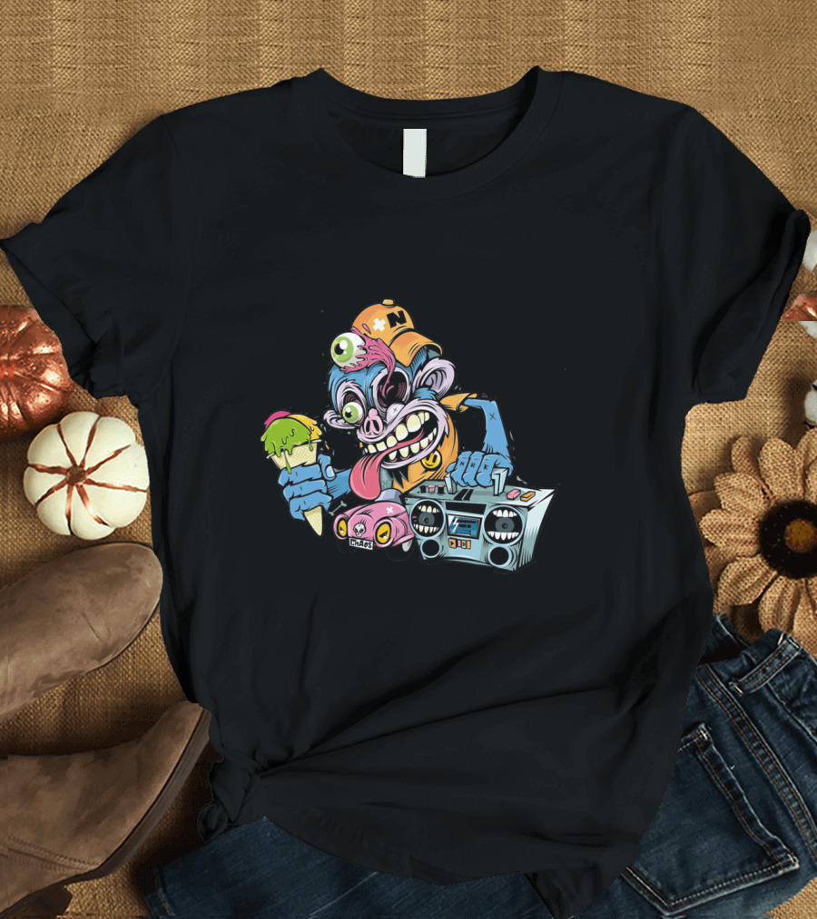 Graffiti Street Art Love Music Zombie Monkey with Ice Cream and Boombox T-Shirt