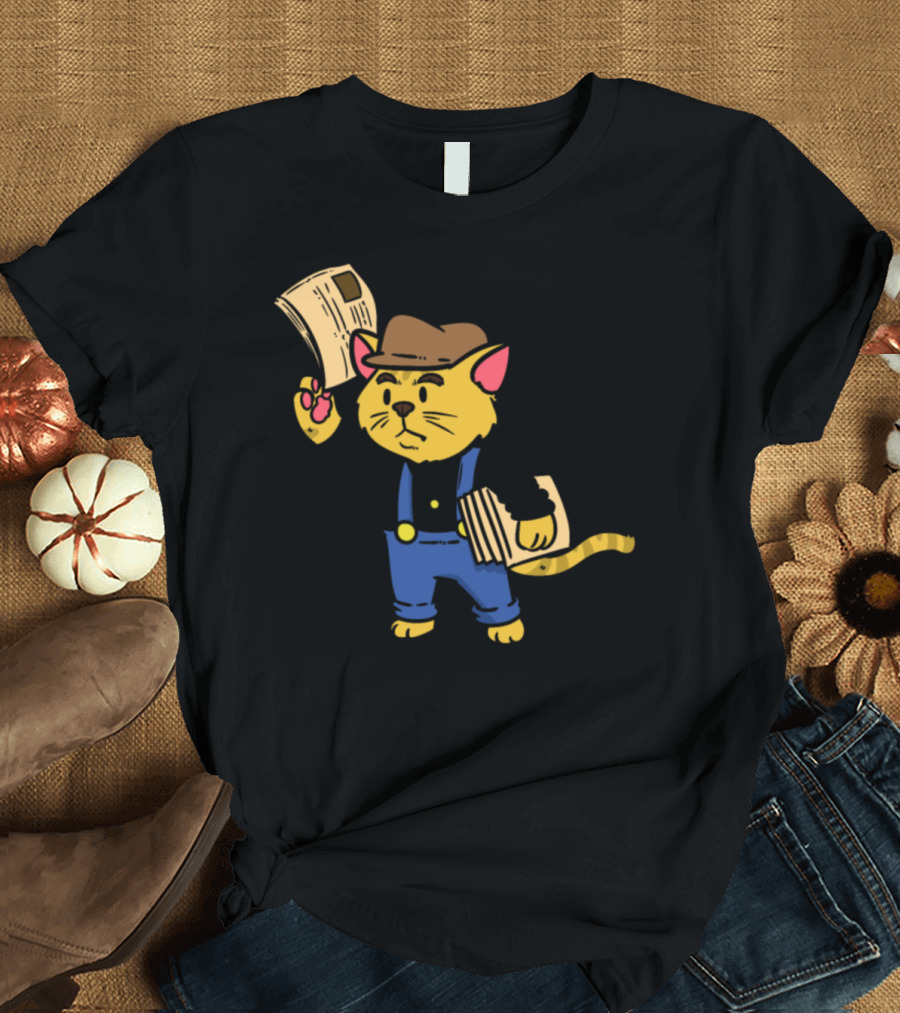 Baker Bear Vintage Newspaper Cat in Overalls and Hat T-Shirt