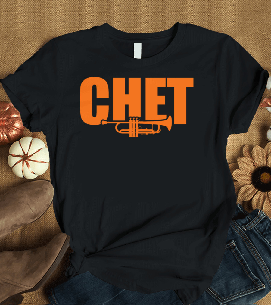 Chet Trumpet Icon in Bold Orange Text T-Shirt