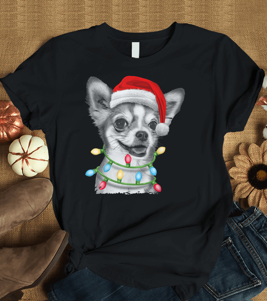 Chihuahua Santa Claus with Christmas Tree Lights T-Shirt