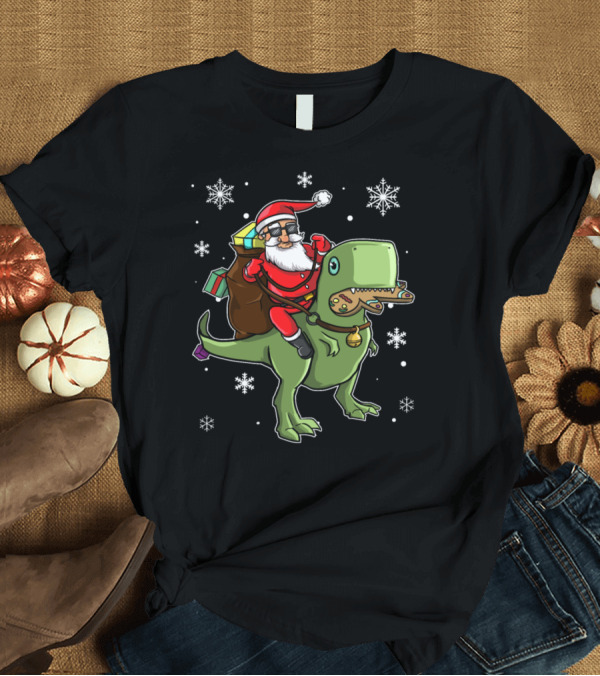 T-Shirt: Santa Riding T-Rex with Presents and Snowflakes Toddler Christmas T-Shirt Santa Riding T-Rex with Presents and Snowflakes Toddler Christmas T-Shirt