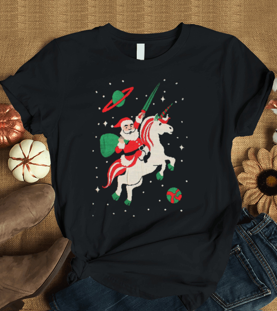 Santa Riding Unicorn with Lightsaber and Outer Space Planets T-Shirt