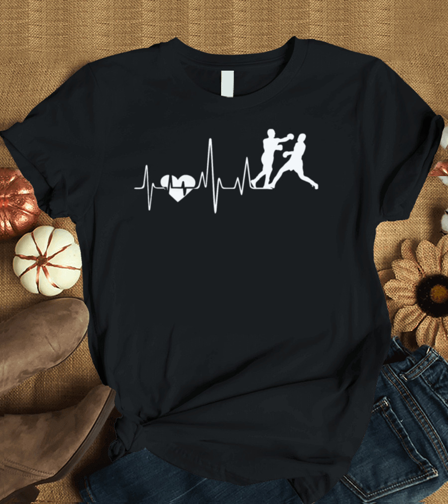 Boxing Heartbeat Silhouette Fighters with Heart EKG Line T-Shirt