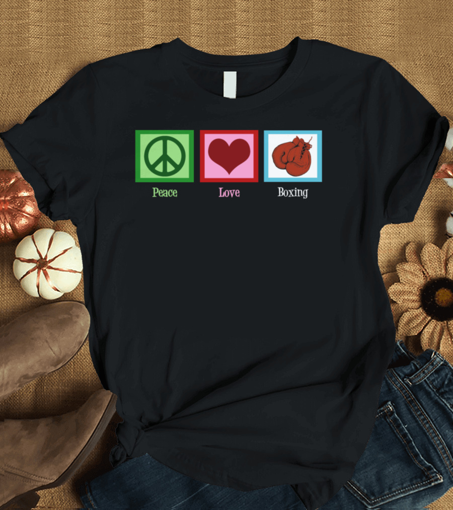 Peace Love Boxing Symbolic Icons Peace Sign Heart and Gloves T-Shirt