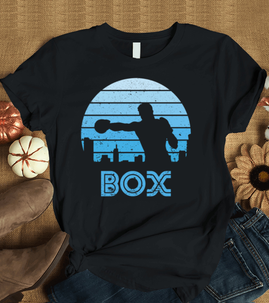 Retro Sunset Box Silhouette Against Urban Skyline T-Shirt
