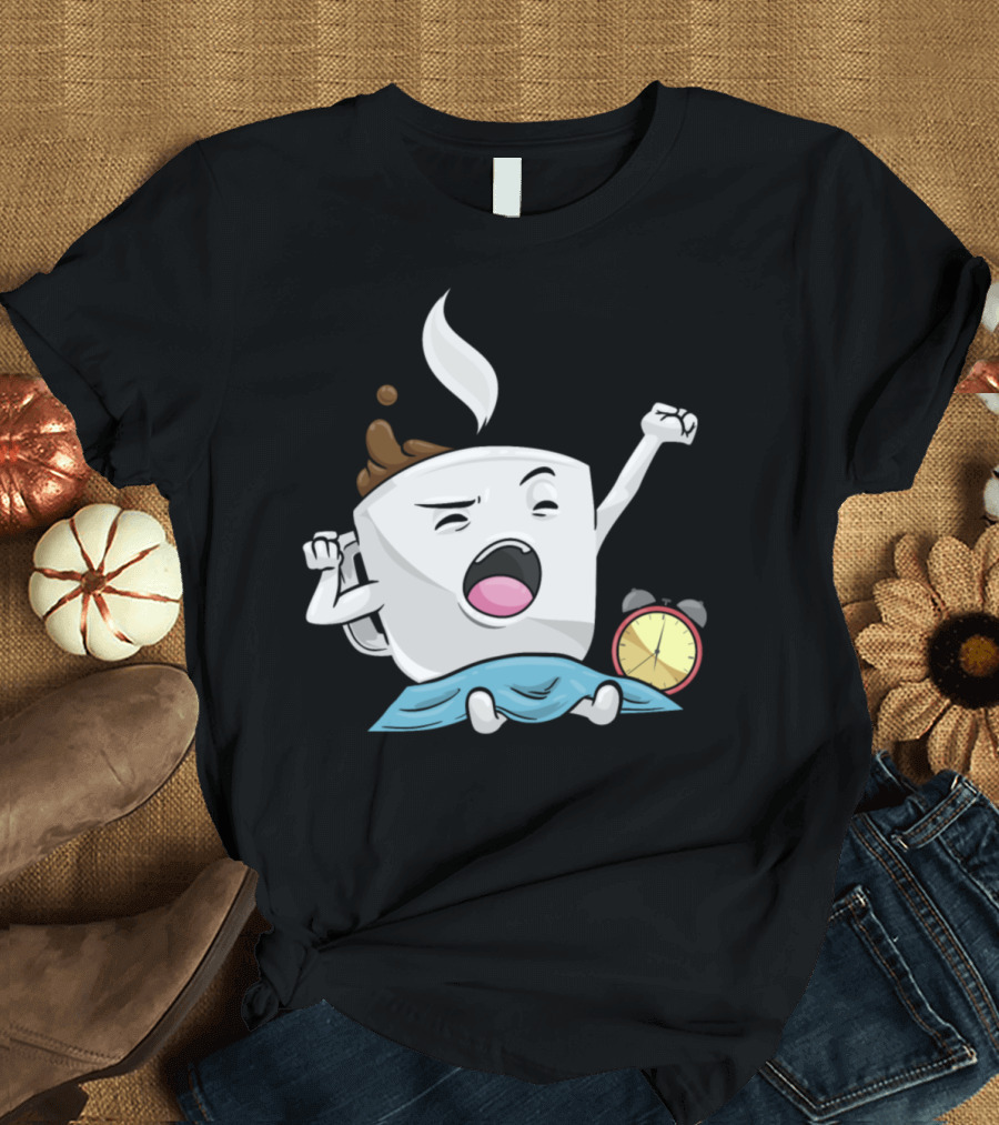 Funny Coffee Cup Yawning Next to Alarm Clock Ready to Awaken T-Shirt