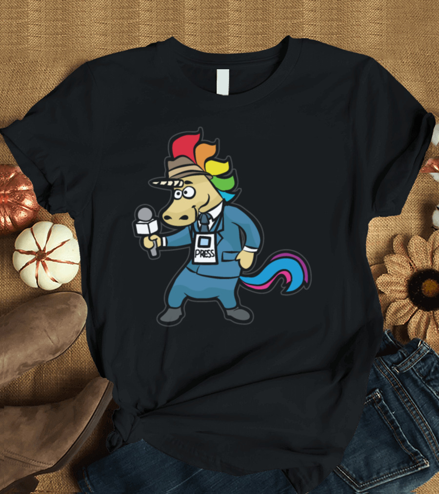 Unicorn Journalist Press Credential Rainbow Mane Microphone T-Shirt