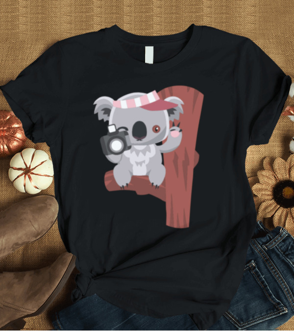 T-Shirt: Koala with Camera Wearing Pink Cap Perched on Tree Trunk T-Shirt Koala with Camera Wearing Pink Cap Perched on Tree Trunk T-Shirt