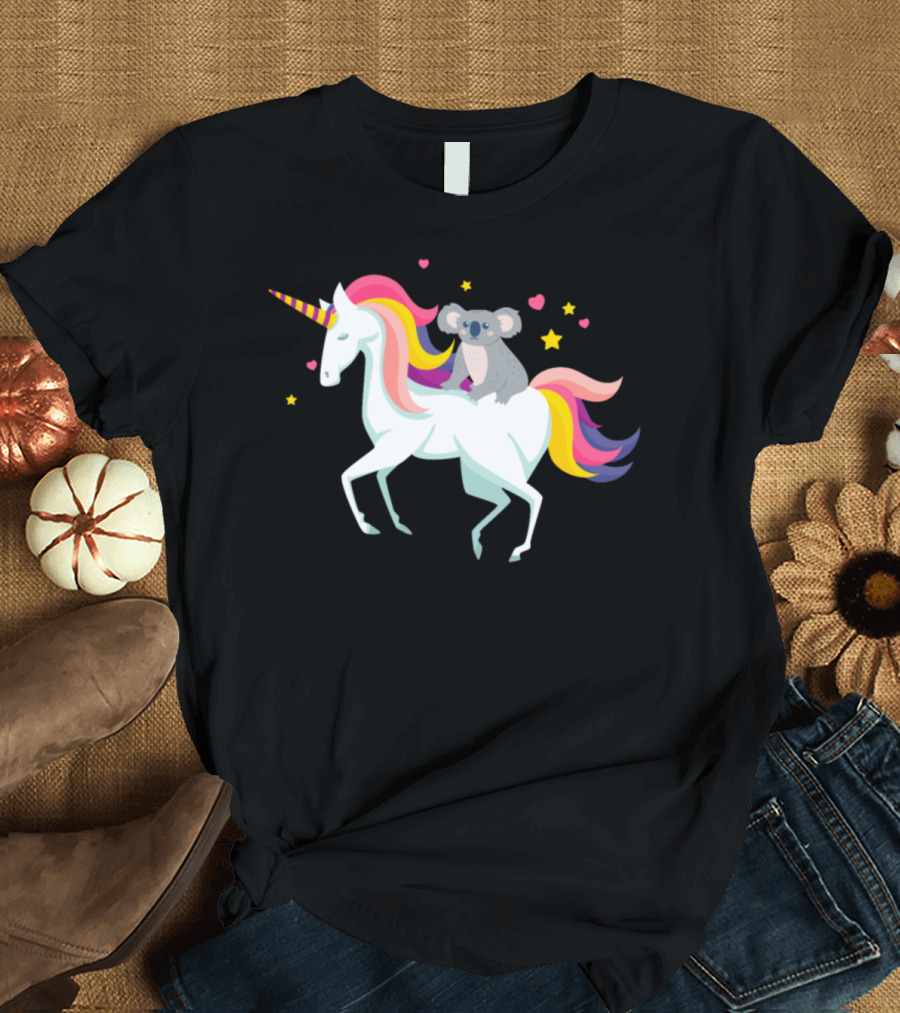 Funny Koala on Rainbow Unicorn with Stars and Hearts T-Shirt