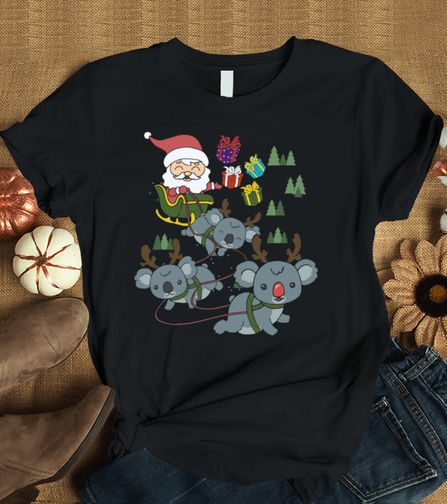 Santa Sleigh Koala Reindeer Funny Christmas Team T-Shirt