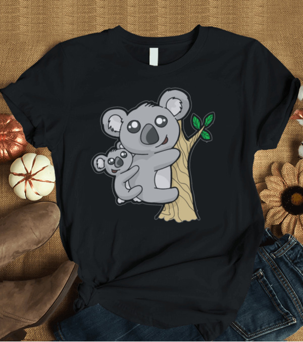 T-Shirt: Koala Mama and Baby Hugging Eucalyptus Tree with Leaves T-Shirt Koala Mama and Baby Hugging Eucalyptus Tree with Leaves T-Shirt