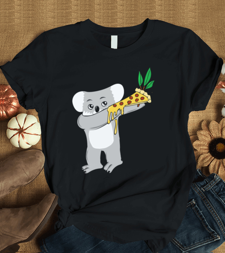 Koala Holding Cheese Dripping Pizza Slice with Eucalyptus Leaves T-Shirt
