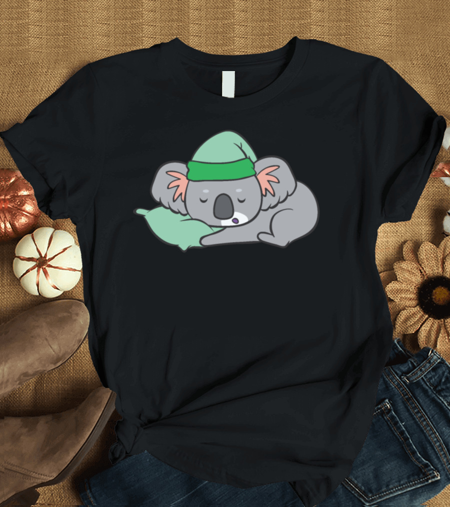 Koala Sleeps Peacefully with Green Sleeping Cap and Pillow T-Shirt