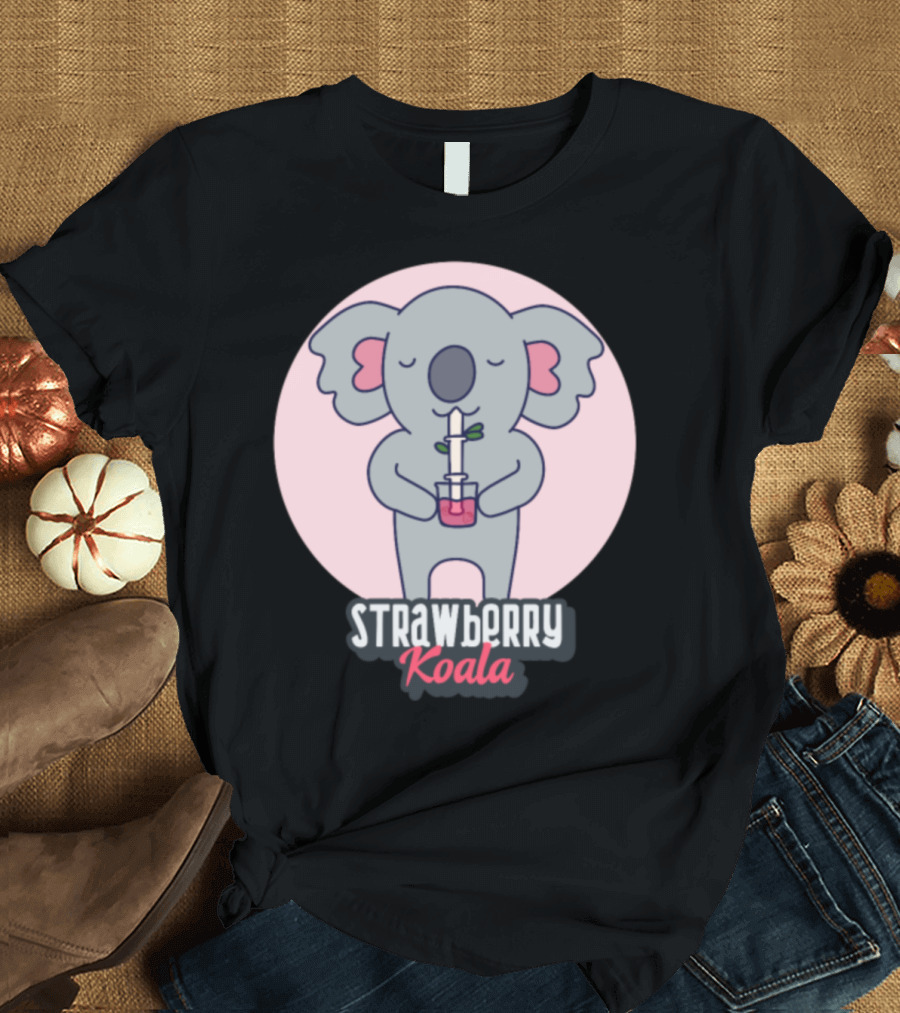 STRAWBERRY KOALA Cute Koala Drinking from Straw with Pink Ears T-Shirt