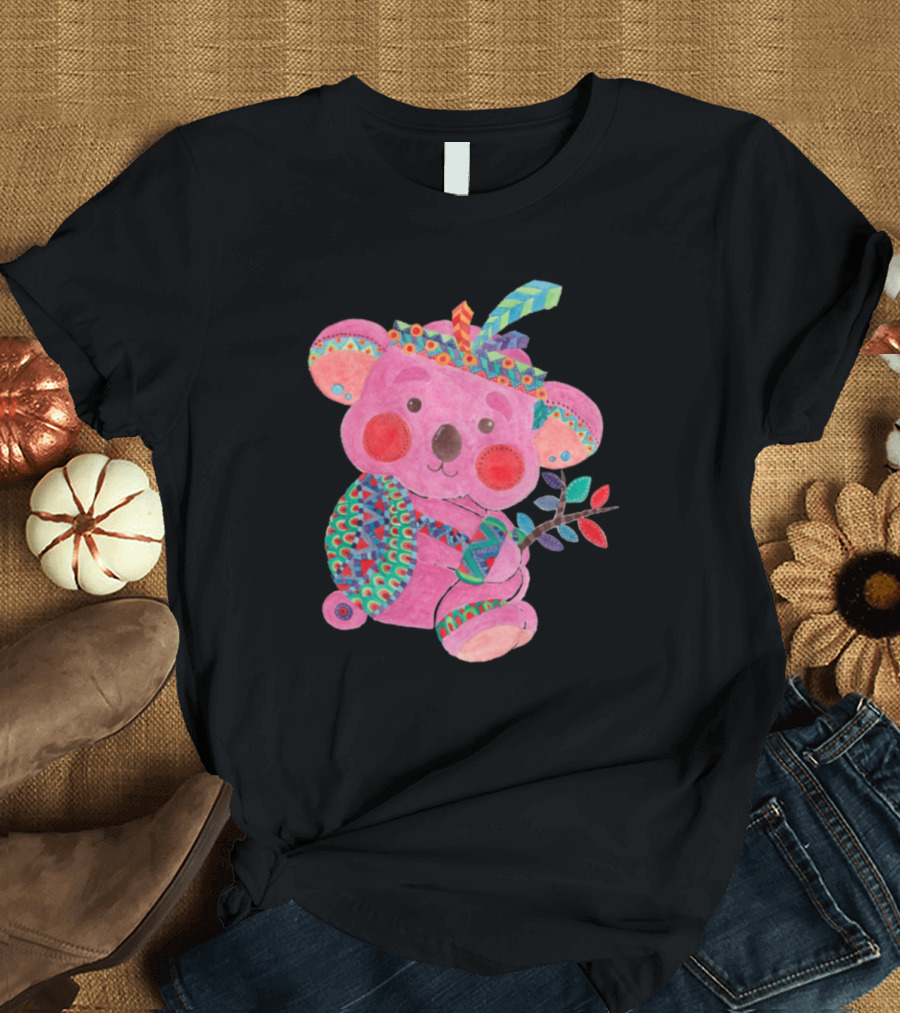 The Pink Koala with Colorful Feathers and Decorative T-Shirt