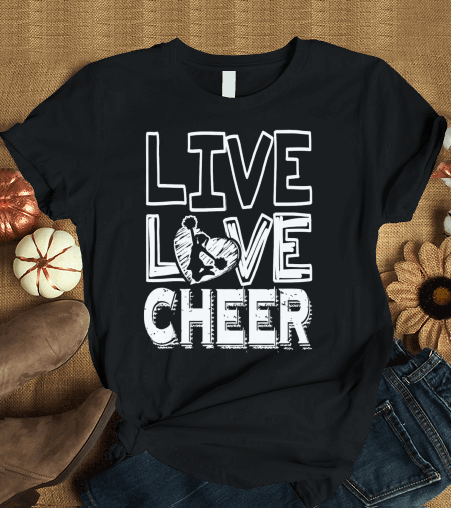 Live Love Cheer Cheerleading Pom Poms Heart T-Shirt