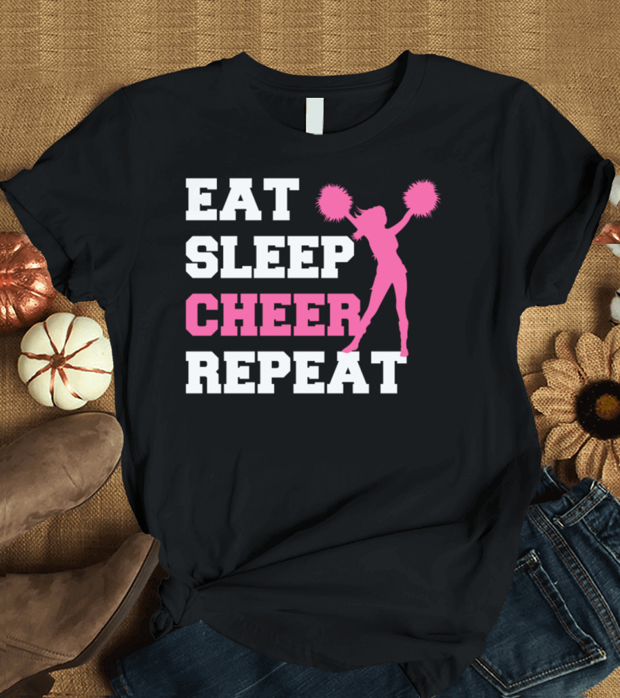 Eat Sleep Cheer Repeat Cheerleader Silhouette Pompoms T-Shirt