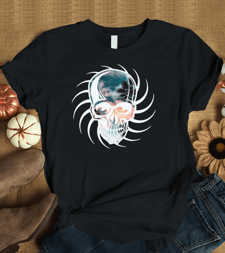 Skull Clouds Palm Tribal Swirls Sunset Scene T-Shirt