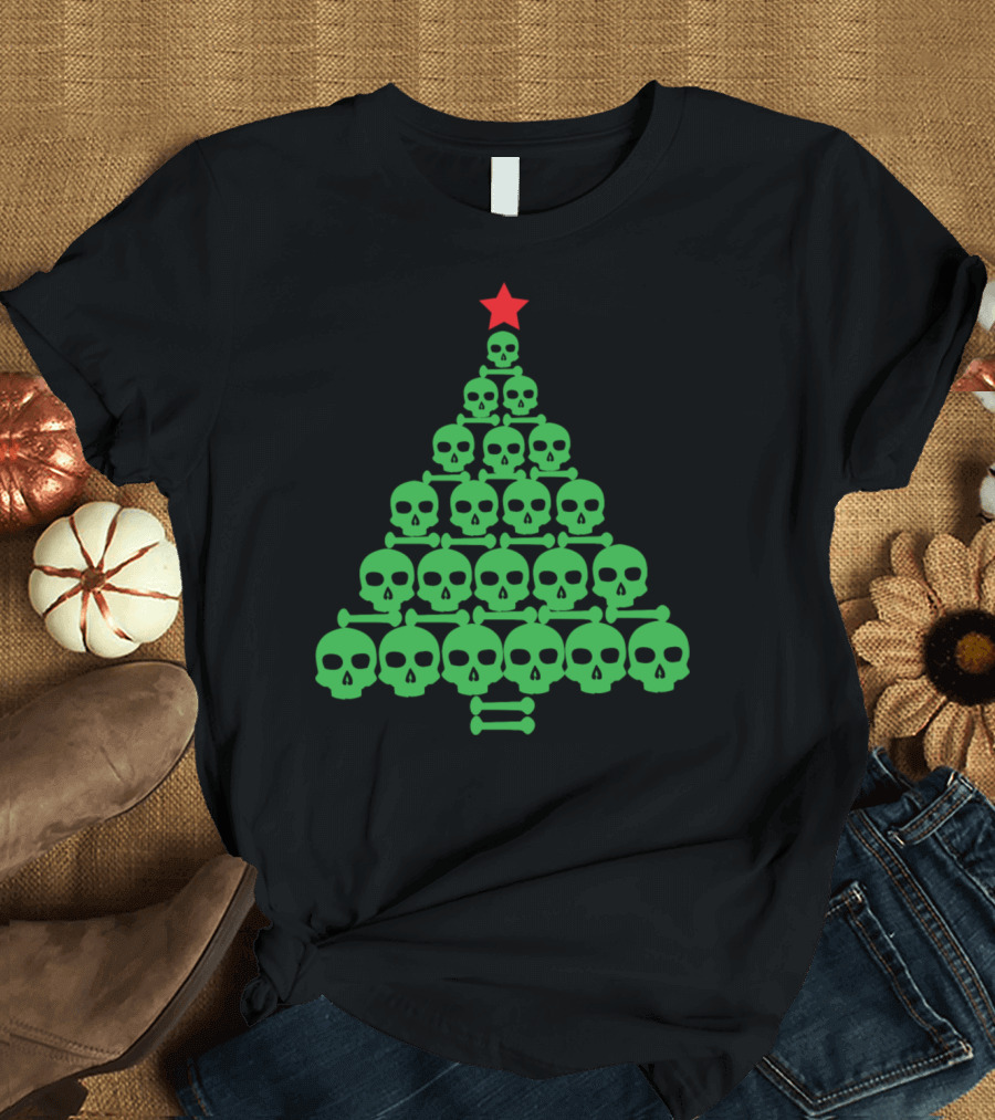 Green Skull Christmas Tree with Red Star T-Shirt