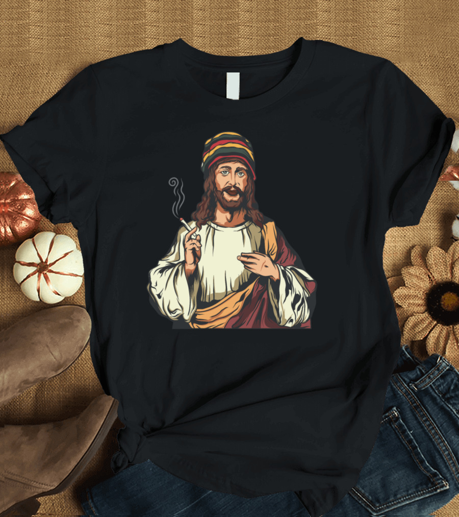Smoking Weed Joint Jesus Cannabis Hemp Rasta Reggae Jamaican Hat T-Shirt