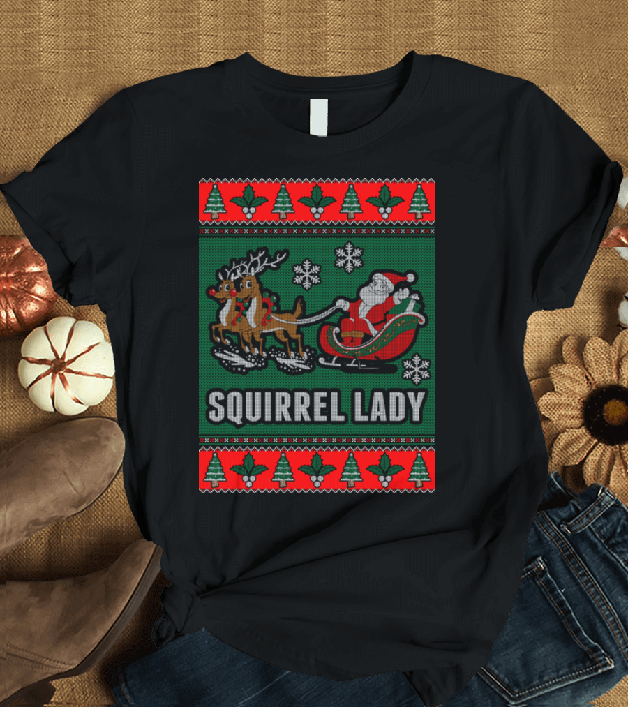 Squirrel Lady Santa Sleigh Reindeer Christmas Trees and Snowflakes T-Shirt