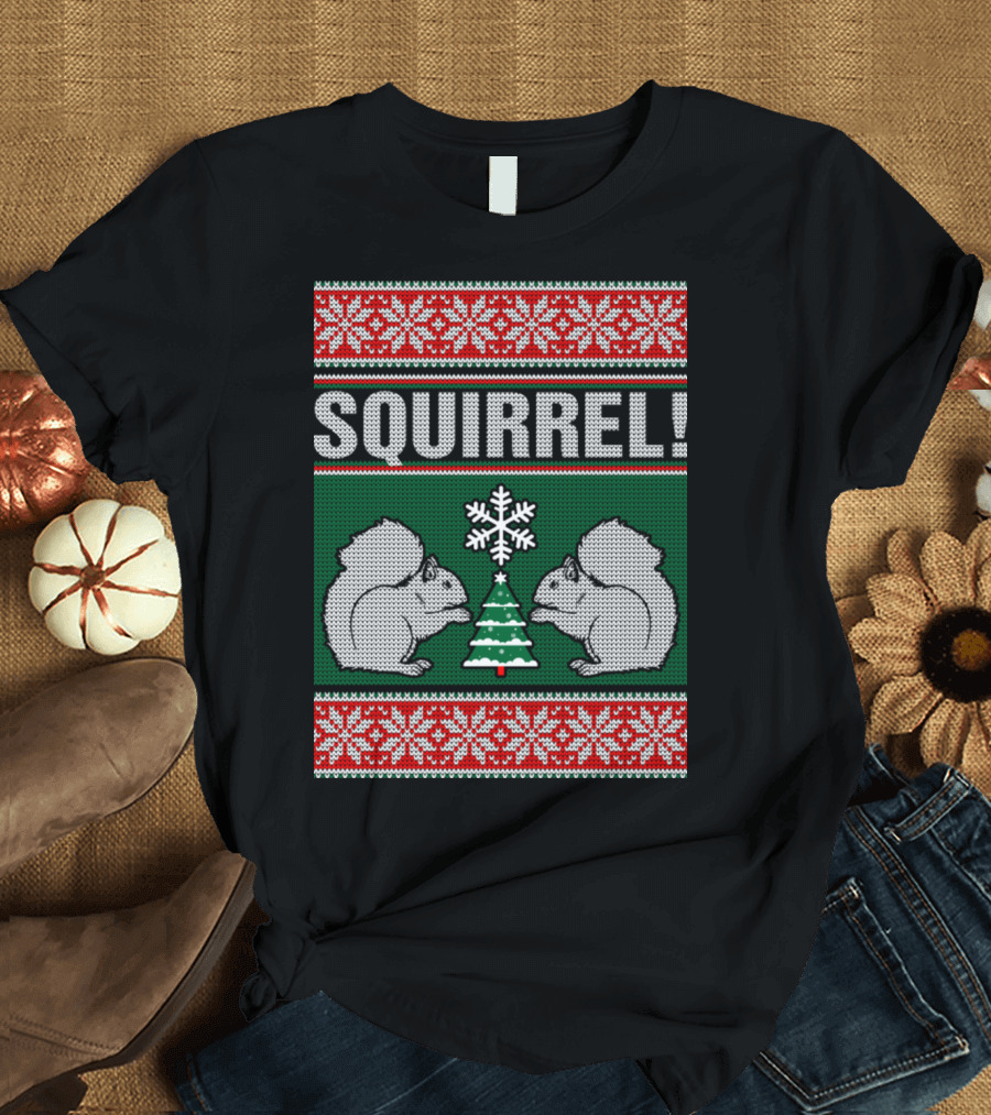 Squirrel Christmas Sweater Pattern with Snowflakes and Tree T-Shirt