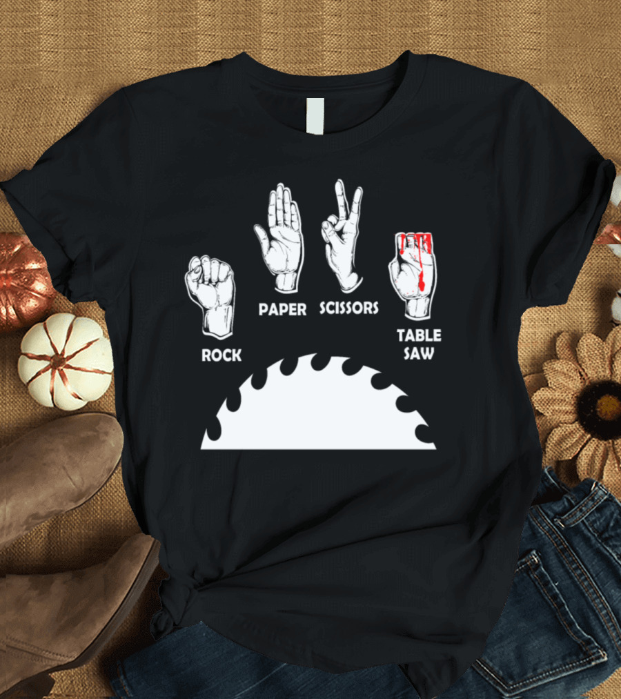 Rock Paper Scissors Hand Gestures with Bloody Table Saw Blade T-Shirt
