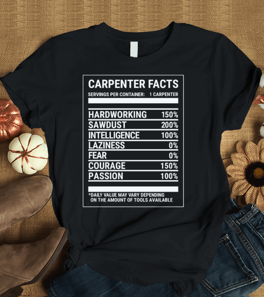 Carpenter Facts Hardworking Sawdust Intelligence Courage Passion Per Container T-Shirt