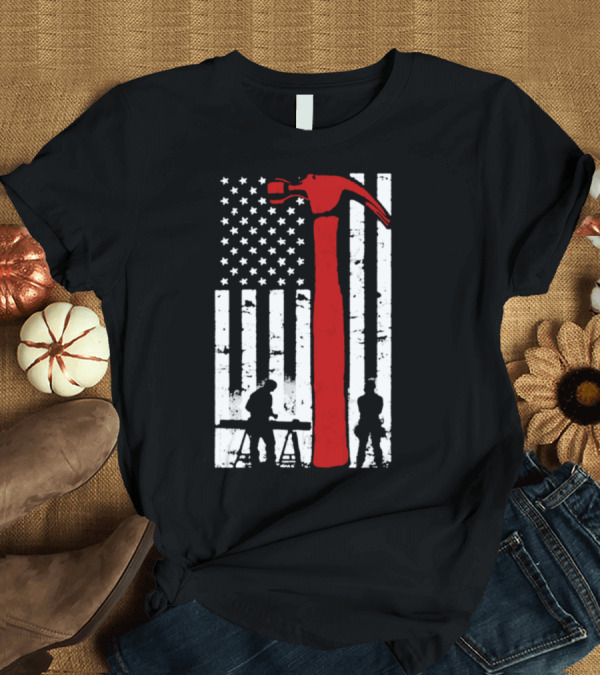 T-Shirt: American Carpenter Hammer Silhouette Flag T-Shirt American Carpenter Hammer Silhouette Flag T-Shirt