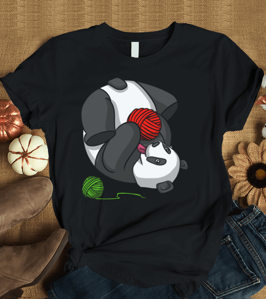 Panda Bear Knitting with Red and Green Yarn T-Shirt